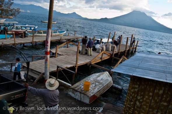 Santa Cruz jetty with Volcán Tolimán on horizon, Lago de Atitlán, Guatemala
