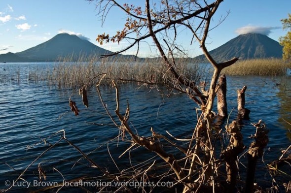 Volcán Tolimán and Volcán San Pedro in early morning light on Christmas Eve, Lago de Atitlán, Guatemala