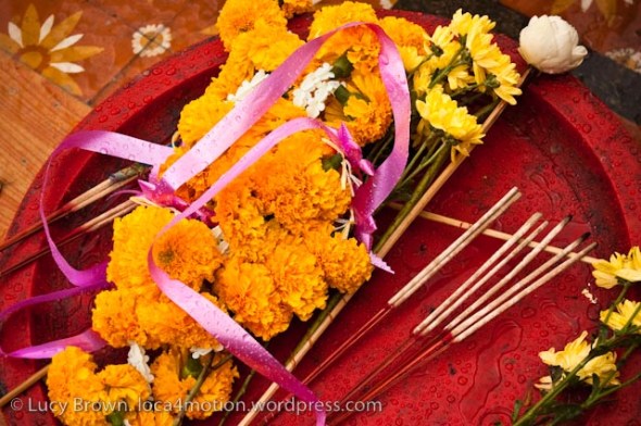 Temple offerings: marigolds, incense & lotus flower, Chiang Mai, Thailand