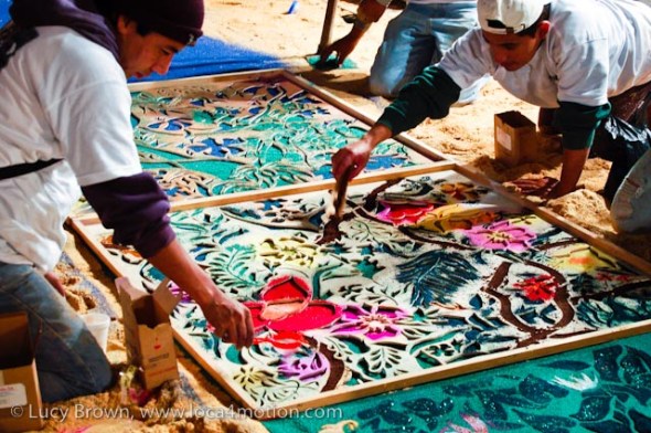 Making alfombras all Maundy Thursday (Jueves Santo) night for the early morning Good Friday (Viernes Santo) procession, Antigua, Guatemala