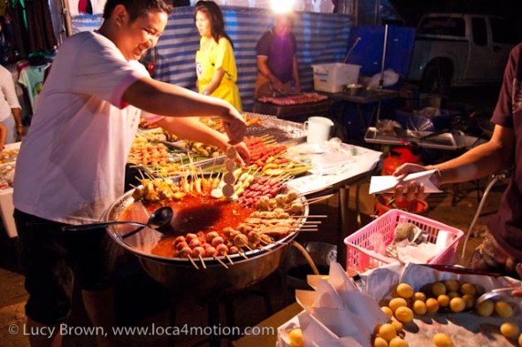 Selling meat and fish balls on sticks, street food, Thailand