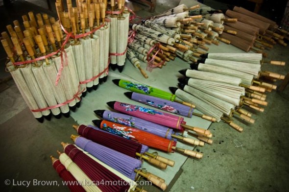 Painted and unpainted parasols, Thai parasol workshop, Traditional Thai parasols, Chiang Mai, Thailand