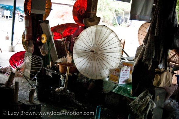 Parasols in different stages of production, traditional Thai parasols, Chiang Mai, Thailand