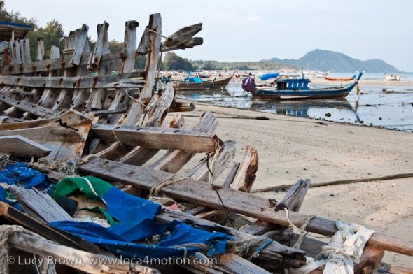 Long-tail boats (ruea hang yao), low tide, Rawai beach, Phuket, Thailand