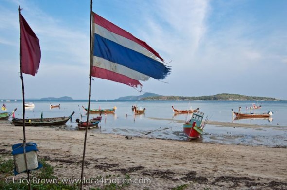 Long-tail boats (ruea hang yao), Thai flag, Rawai beach, Phuket, Thailand