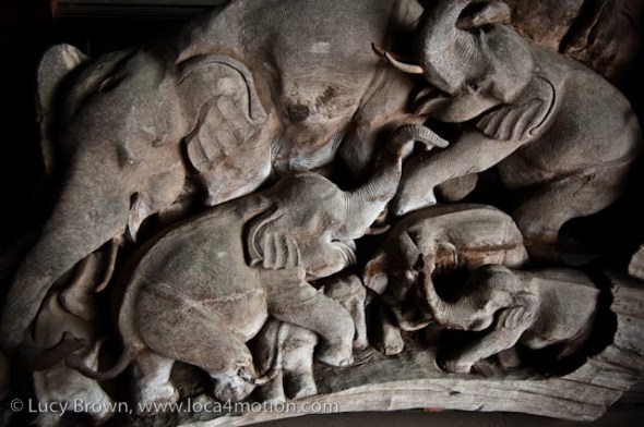 Carved wooden elephants on the back of a chair, wood carving, Chiang Mai, Thailand