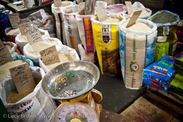 Sacks of rice, morning market, Krabi town, Krabi, Thailand