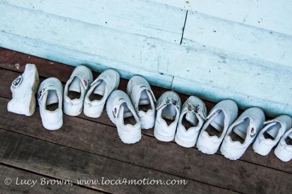 Row of shoes outside classroom, Koh Panyee School (Ko Panyi), Phang Nga Bay, Thailand Row of shoes outside classroom, Koh Panyee School (Ko Panyi), Phang Nga Bay, Thailand