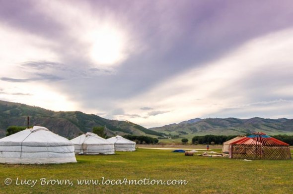 Fully constructed Mongolian ger alongside partly constructed ger. Khutag Ondor, Central Mongolia